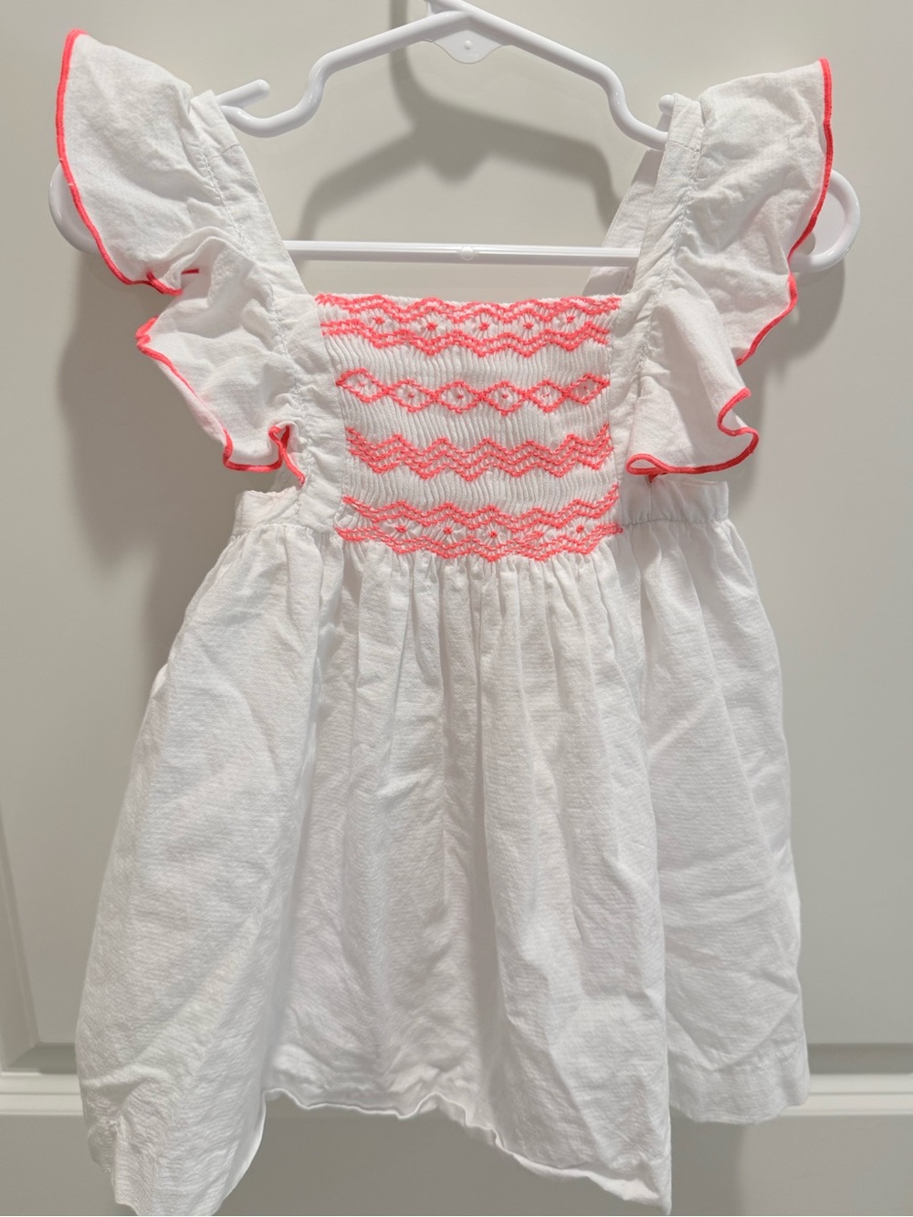 Jacadi Baby 18M Infant White Cotton Dress Neon Pink Smocked and ruffle Sleeves